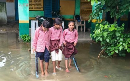 जलभराव से तालाब बना प्राथमिक विद्यालय सतोरा 